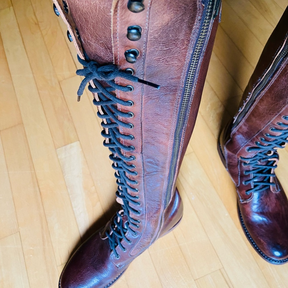 Bed|Stu Knee High Lace-Up Women's Leather Boots - Brown - Size 8 - Picture 3 of 16